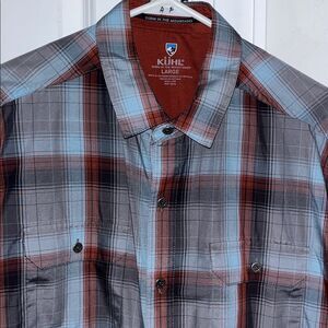 KUHL QuickDry Full Button hiking trail mountain SS Pocket shirt Brown Gray Blue